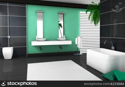 Interior design of a modern and contemporary bathroom with granite tiles, bathtub and black floor. 3d rendering.