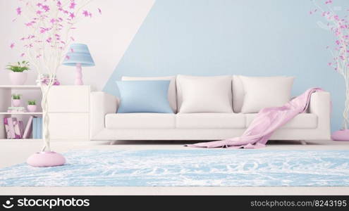 Interior design of a modern living room in blue, with a white sofa and a pink plaid, shelf with books and plants, 3d rendering