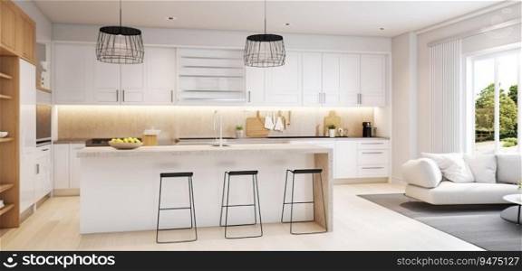 Interior design of a white kitchen in a minimalist style, light background. Architectural solutions for premises. AI generated.. Interior design of a white kitchen in a minimalist style, light background. AI generated.