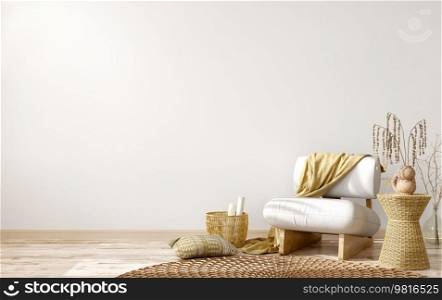 Interior design of living room with armchair and yellow plaid. Rattan coffee table in room with white wall. Farmhouse or boho style interior. Home design. 3d rendering