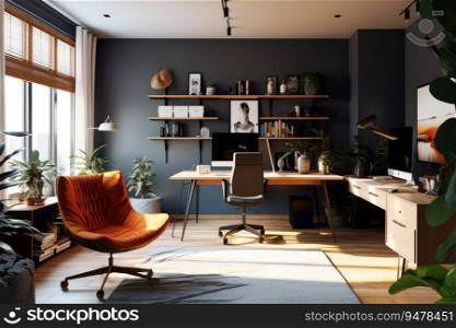 Interior design of living room with desk and chair, modern home. Generative AI