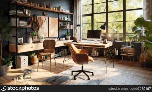 Interior design of living room with desk and chair, modern home. Generative AI