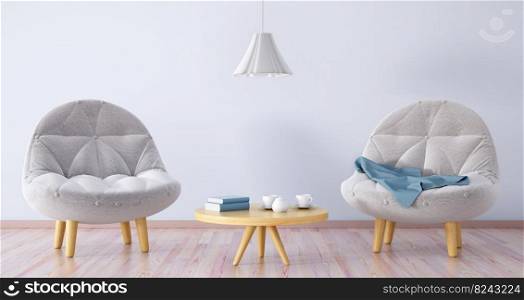 Interior design of living room with two armchairs, coffee table and l&, 3d rendering