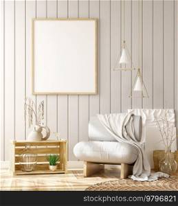 Interior design of living room with white armchair over the gray planks paneling wall. Farmhouse style. Empty poster frame on the wall. Home design. 3d rendering