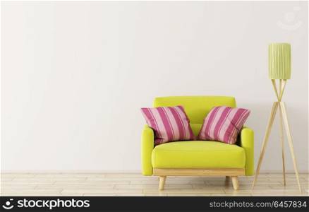 Interior design of living room with wooden floor lamp and green armchair 3d rendering