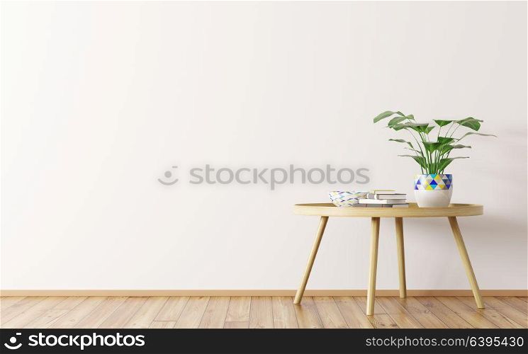 Interior design of living room with wooden round coffee table and houseplant 3d rendering