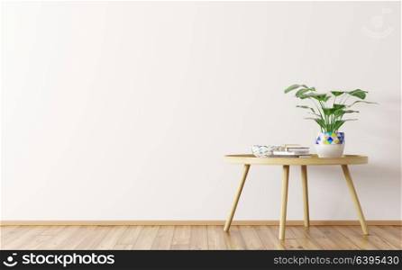 Interior design of living room with wooden round coffee table and houseplant 3d rendering