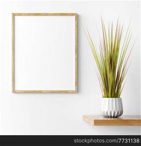 Interior design of living room with wooden shelf.  Wall decor with green grass in pot and mock up poster. Wooden frame with copy space. Modern home decoration. Background template. 3d rendering