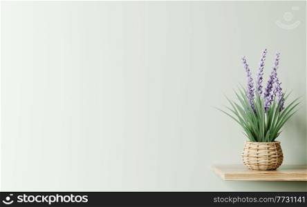 Interior design of living room with wooden shelf. Wall decor with flower in woven basket plant pot. Green wall with copy space. Modern home decoration. Background template. 3d rendering