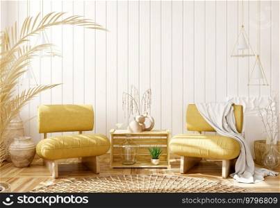 Interior design of living room with yellow armchairs with plaid over the white planks paneling wall. Farmhouse style. Home design. 3d rendering