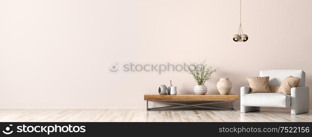 Interior design of living room. Wooden coffee table, lamp and white armchair, panorama 3d rendering