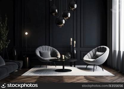 Interior design of luxury living room with white armchair and lavender table and black walls created by generative AI 
