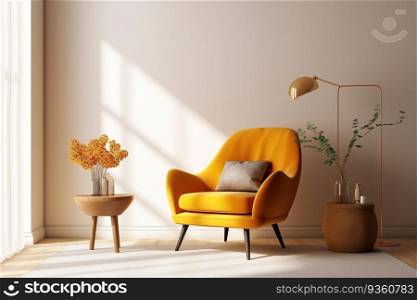 Interior design of luxury living room with yellow armchair and lavender table and purple walls created by generative AI 