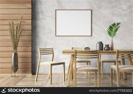 Interior design of modern apartment, frame mockup in dining room or living room with beige stucco wall and wooden paneling. Home loft design with table and chairs. 3d rendering