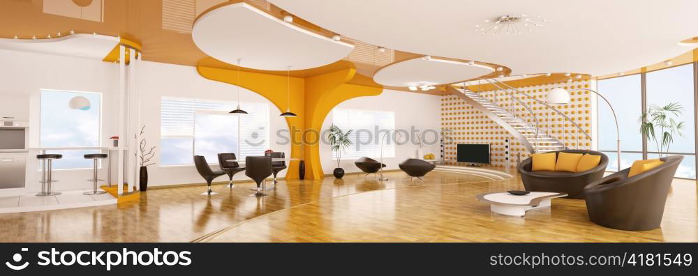 Interior design of modern apartment living dining room kitchen panorama 3d render