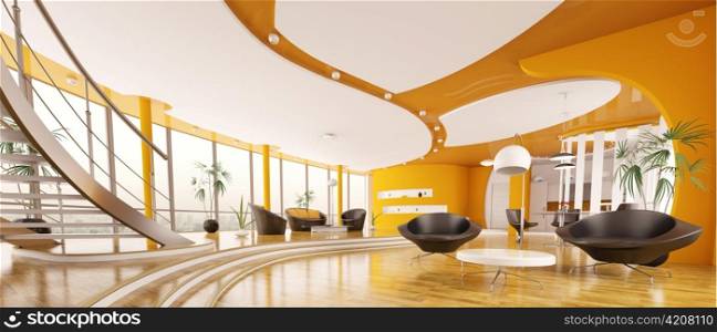 Interior design of modern apartment living room hall panorama 3d render