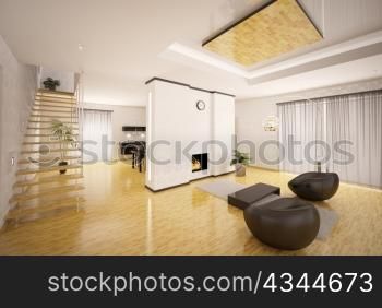 Interior design of modern apartment living room kitchen 3d render