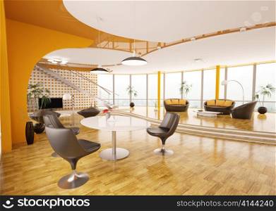 Interior design of modern apartment living room with staircase 3d render