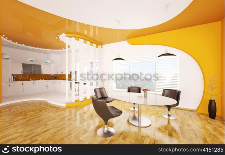 Interior design of modern dining room and kitchen 3d render