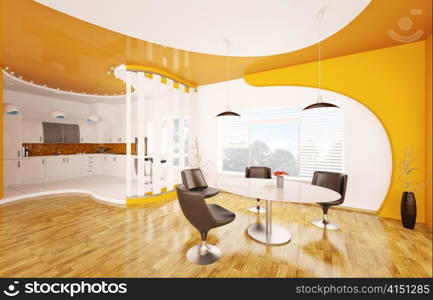 Interior design of modern dining room and kitchen 3d render