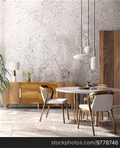 Interior design of modern dining room or living room, marble table and chairs. Wooden sideboard over grunge concrete stucco wall. Home interior with pendant light. 3d rendering