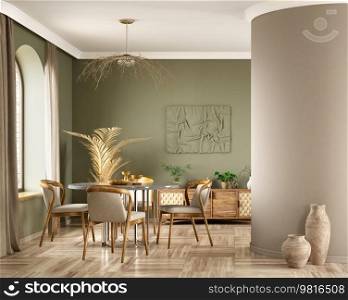 Interior design of modern dining room or living room, marble table and wooden chairs. Wooden sideboard over green wall. Home interior with arch window. 3d rendering