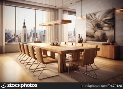 Interior design of modern dining room, wooden table and brown chairs. Generative AI