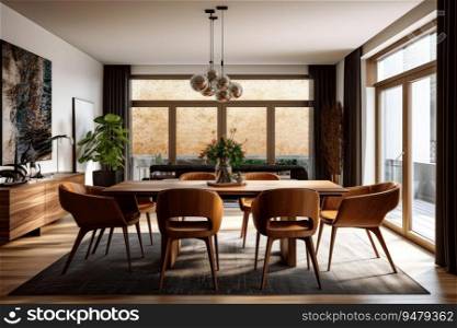 Interior design of modern dining room, wooden table and brown chairs. Generative AI