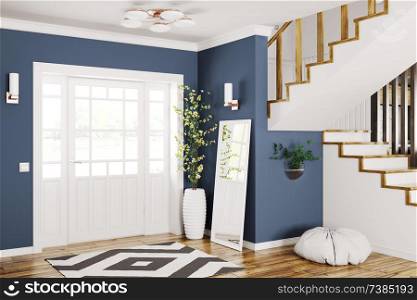 Interior design of modern entrance hall with door and staircase 3d rendering