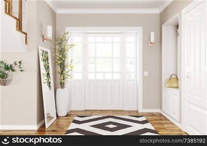 Interior design of modern hallway with doors and staircase 3d rendering