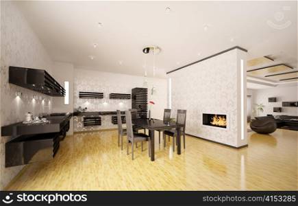 Interior design of modern kitchen with fireplace 3d render