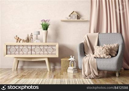 Interior design of modern living room with armchair, plaid and pillows, cabinet with decor, 3d renderin