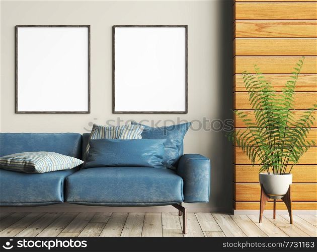Interior design of modern living room with blue leather sofa. Wooden panelling and mockup frames on the wall. Home design. 3d rendering