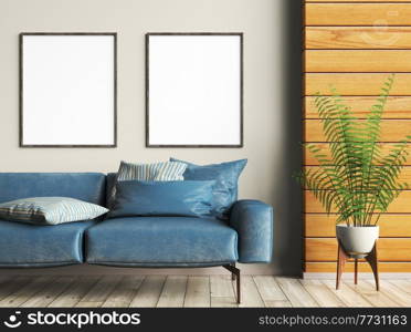 Interior design of modern living room with blue leather sofa. Wooden panelling and mockup frames on the wall. Home design. 3d rendering