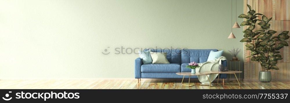 Interior design of modern living room with blue sofa and coffee tables, over light green mock up wall with wooden panelling, panorama 3d rendering