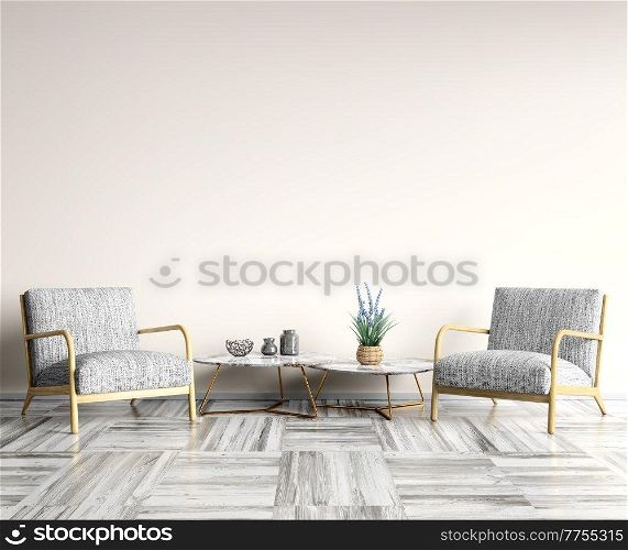 Interior design of modern living room with set of two coffee tables, gray armchairs, empty mockup wall, home design 3d rendering