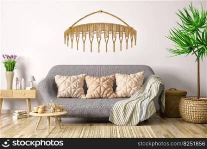 Interior design of modern living room with sofa and coffee table, flower 3d rendering
