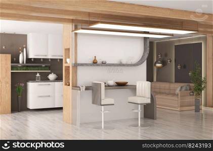 Interior design of modern living room with sofa and kitchen, plant and pillows, flexible stone, 3d rendering 