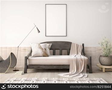 Interior design of modern living room with sofa and  poster, black floor l&3d rendering
