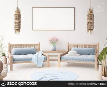 Interior design of modern living room with two armchair, tropical interior, mock up poster frame on wall, wooden bench near white wall, background, 3d rendering