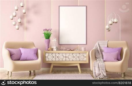 Interior design of modern living room with two armchairs, plaid and pillows, cabinet with decor and frame, 3d renderin