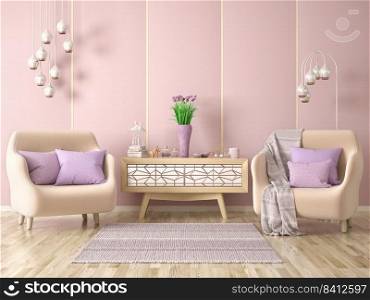 Interior design of modern living room with two armchairs, plaid and pillows, cabinet with decor, 3d renderin