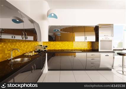 Interior design of modern orange black kitchen 3d render