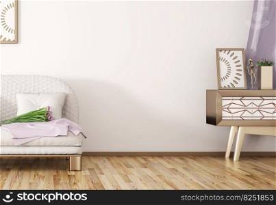 Interior design of modern room, grey sofa in contemporary living room, white mock up background empty wall, home design. 3d rendering