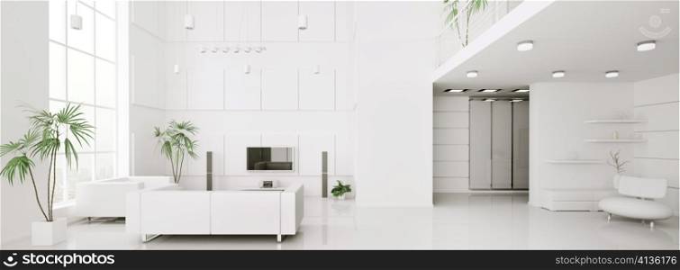 Interior design of modern white apartment panorama 3d render