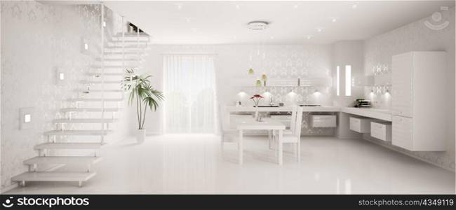 Interior design of modern white kitchen panorama 3d render