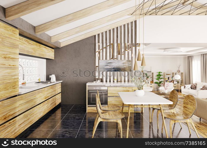 Interior design of modern wooden kitchen in house 3d rendering