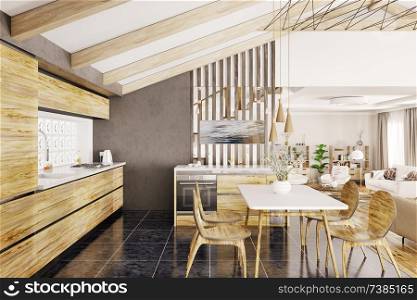Interior design of modern wooden kitchen in house 3d rendering