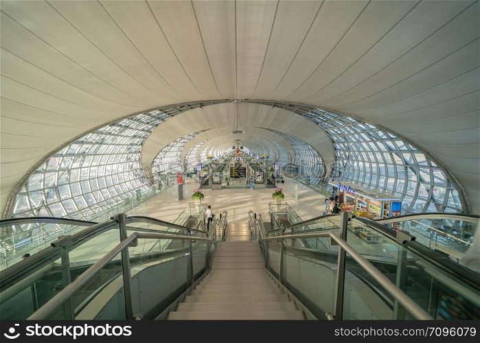 Interior design of Suvarnabhumi Airport which is one of two international airports in Bangkok, Thailand. Structure of architecture frame for travel, transportation, or vacation concept background.