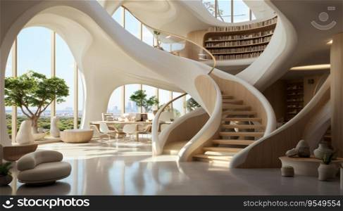 Interior design photo featuring vertical U-shaped design stairs, enhanced by AI